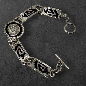 Vintage 925 Sterling Silver Aztec Mayan Calendar Bracelet Red Stone Inlay *READ*